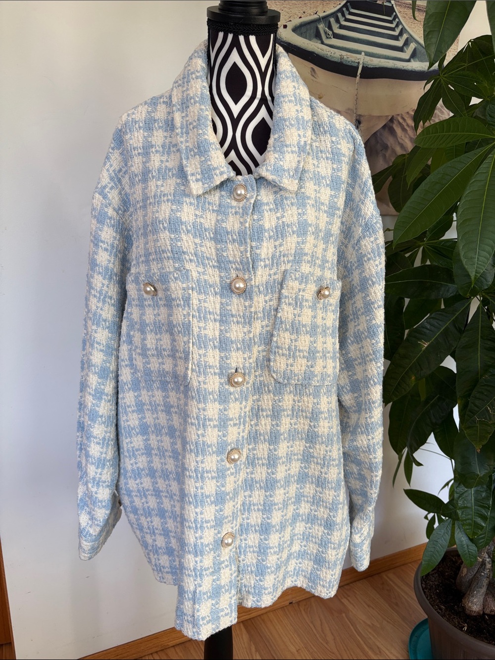 Light Blue and Cream Bouclé Tweed Jacket with Pearl Buttons